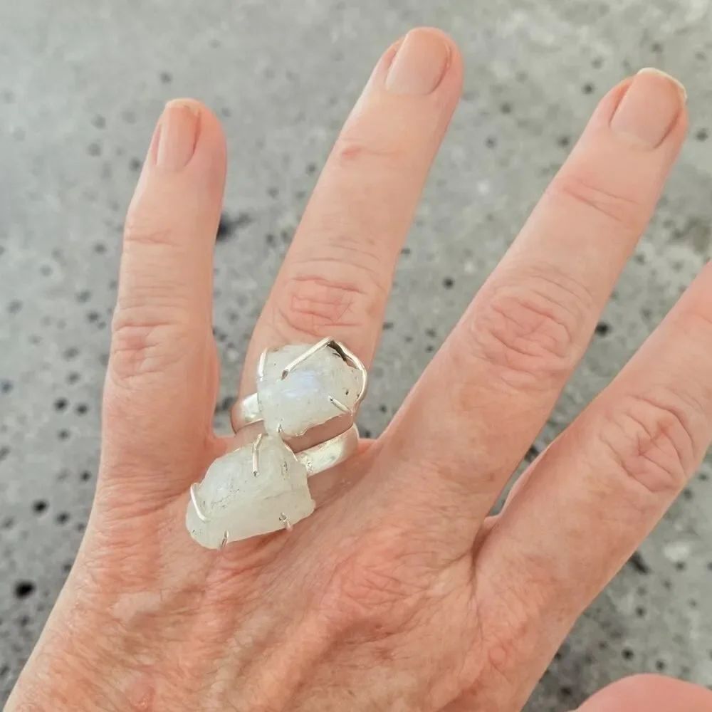 Rough RainbowβMoonstone Two-Stone Adjustable 925 Silver Overlay Ring